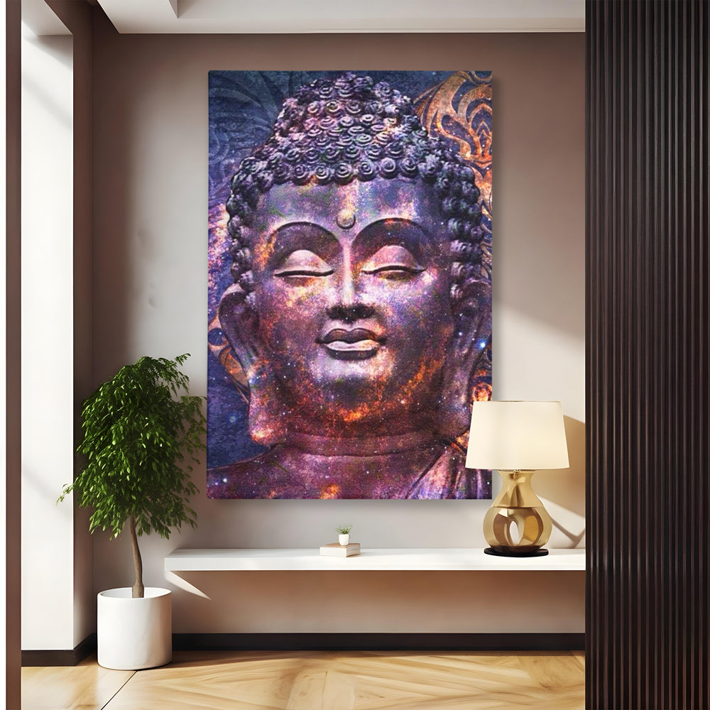 Tablou canvas cu tablou canvas cu capul lui buddha si universul, fara rama, pe sasiu de lemn